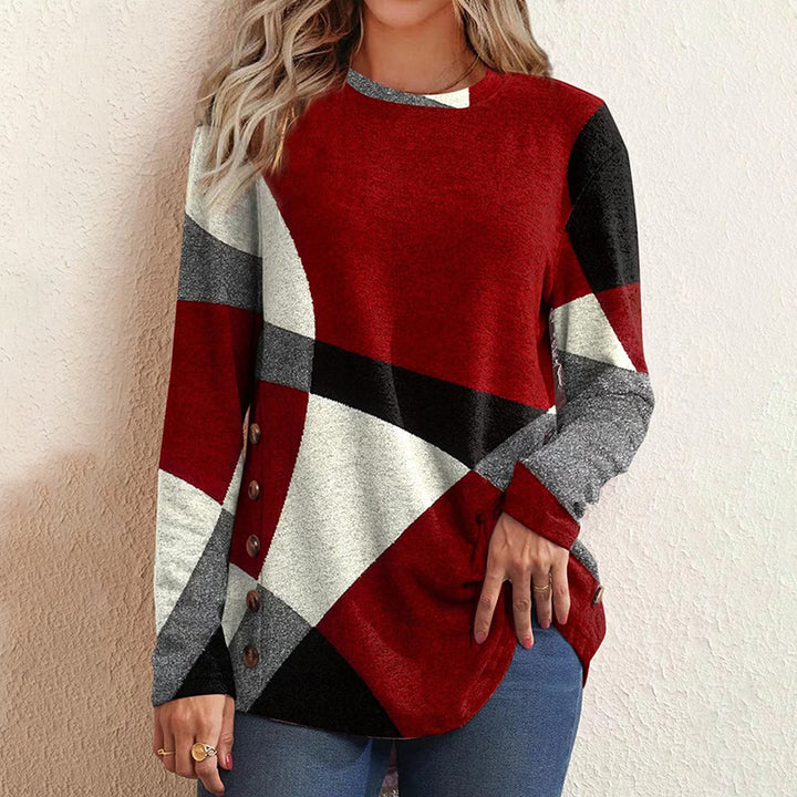 Women's fine knit sweater with geometric color block and decorative buttons Amarae