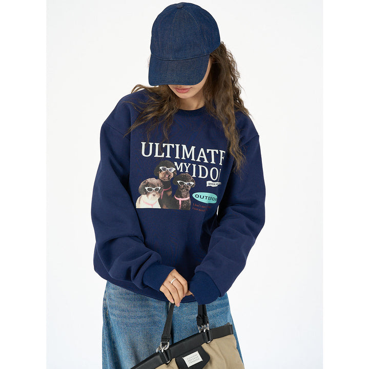 Ladies Cozy Cotton Blend Sweatshirt with Dog Photo Print and Ribbed Cuffs