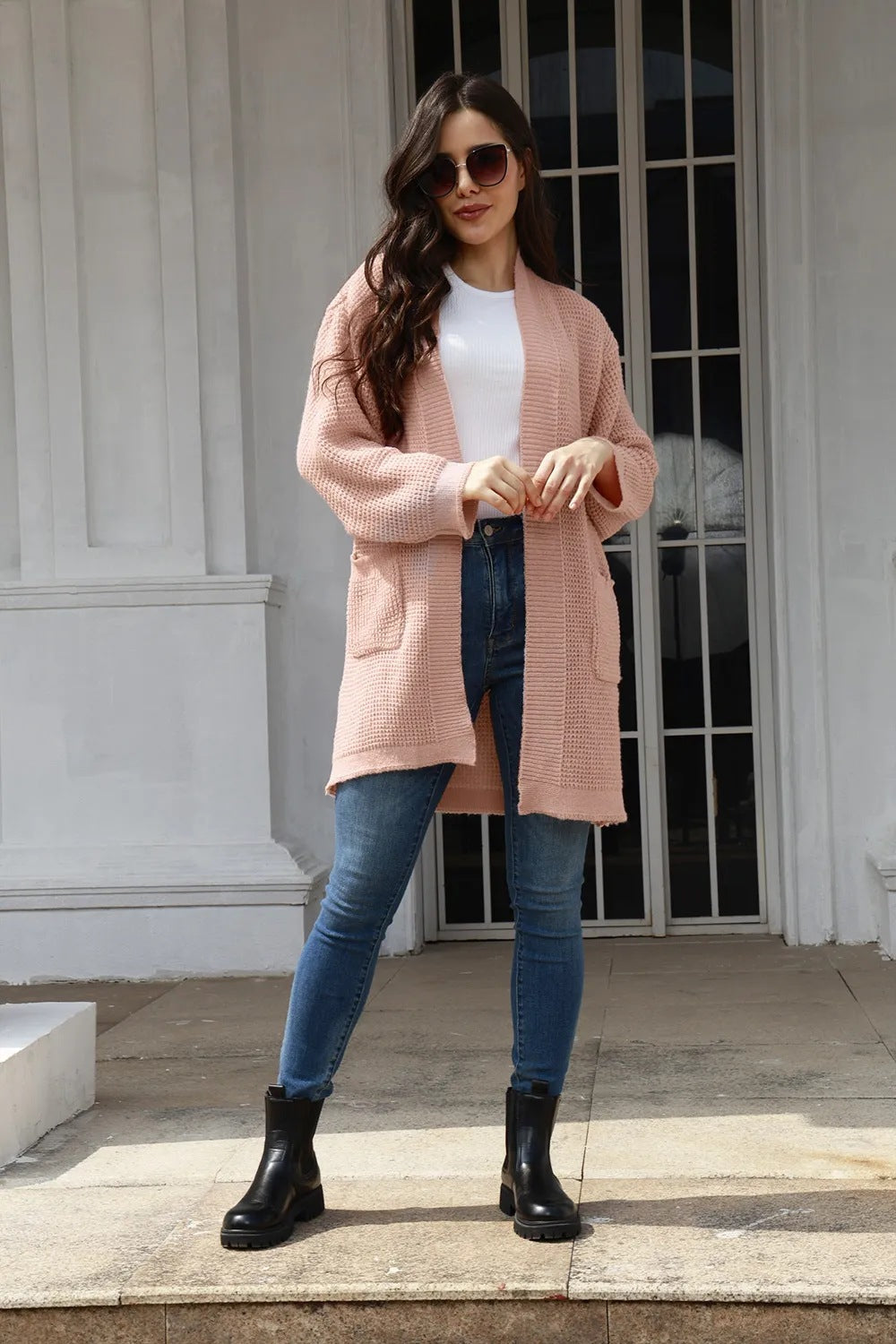 Casual knitted cardigan for women with open pockets and modern waffle pattern Lune London