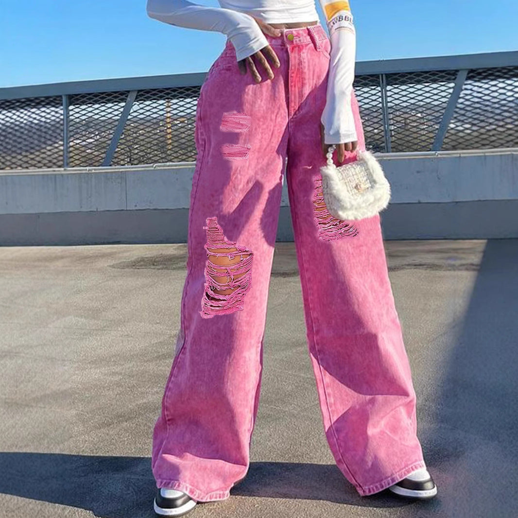 Women High-Waisted Wide Denim Palazzo Pants with Eye-Catching Ripped Inserts Amarae