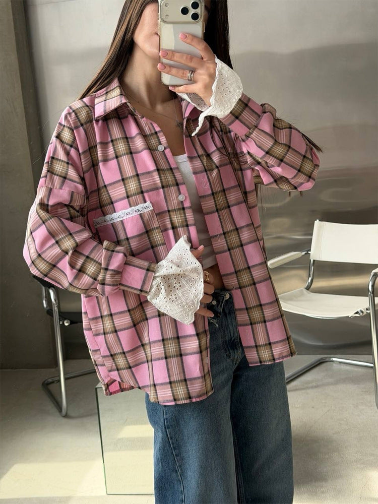 Women’s Oversize Checked Flannel Shirt with Lace Cuffs and Decorative Piping Amarae