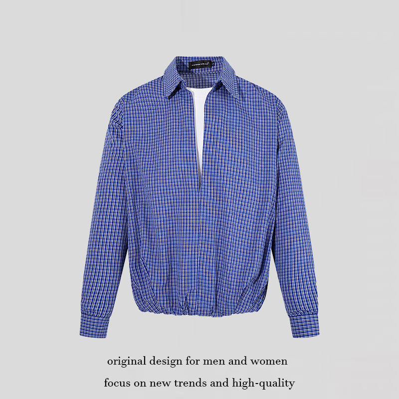 Men's Overshirt Blouson in Check Pattern with Elastic Waistband and Shirt Collar Amarae