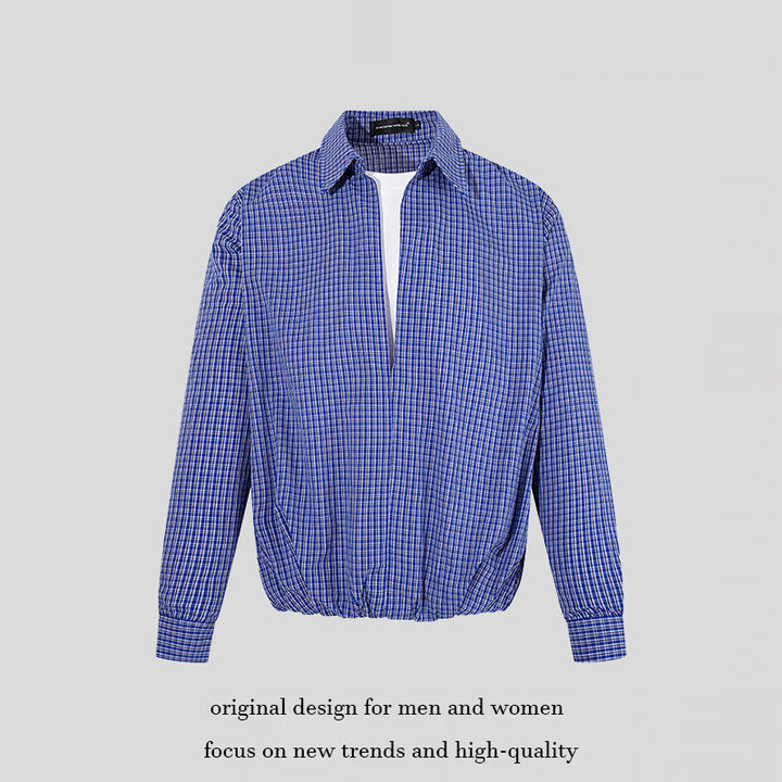 Men's Overshirt Blouson in Check Pattern with Elastic Waistband and Shirt Collar Amarae