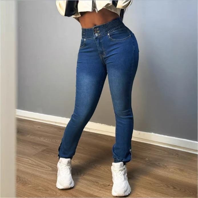 Women high-waisted shaping skinny jeans with double waistband closure and adjustable ankle drawstring Amarae