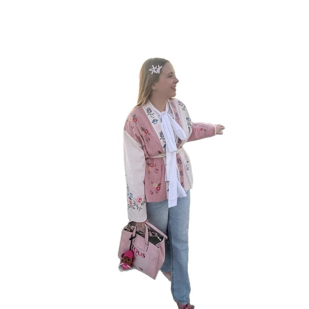 Women Embroidered Lightweight Kimono Jacket with Floral Appliqués and Open Fall Amarae