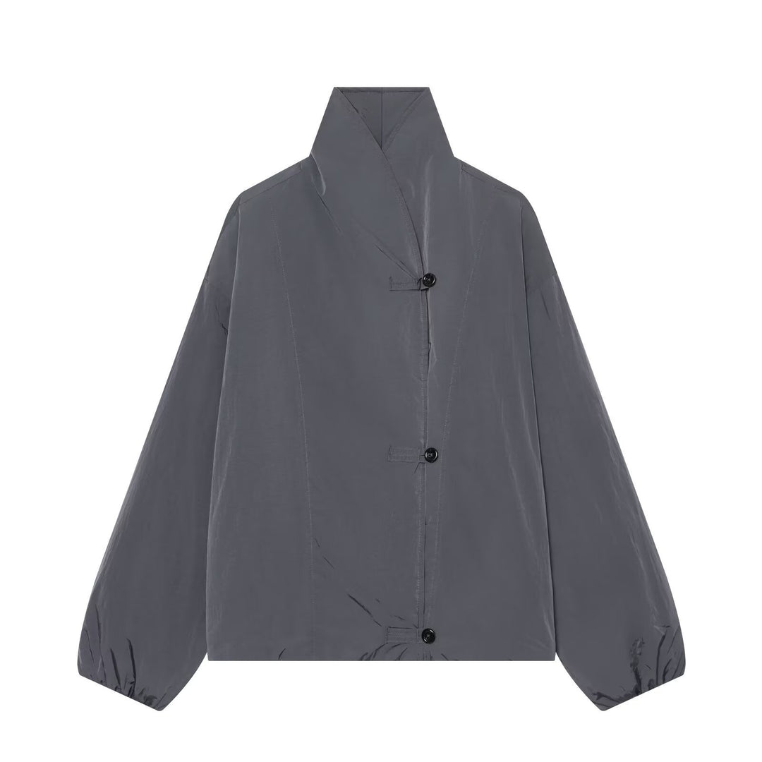 Women's Lightweight Cropped Nylon Jacket with High Funnel Neck, Oversized Cut, and Elastic Cuffs Amarae