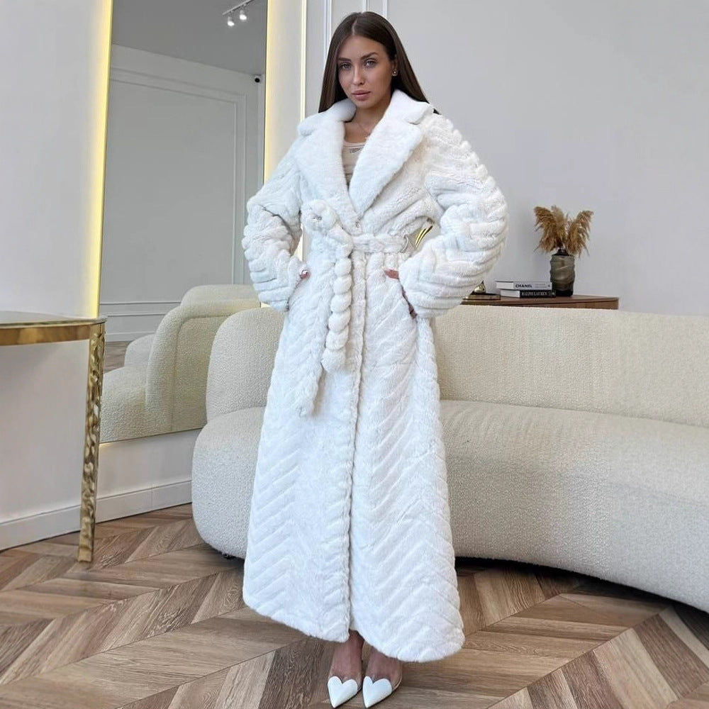 Women's Maxi Faux Fur Coat with Hood and Chevron Quilting Amarae