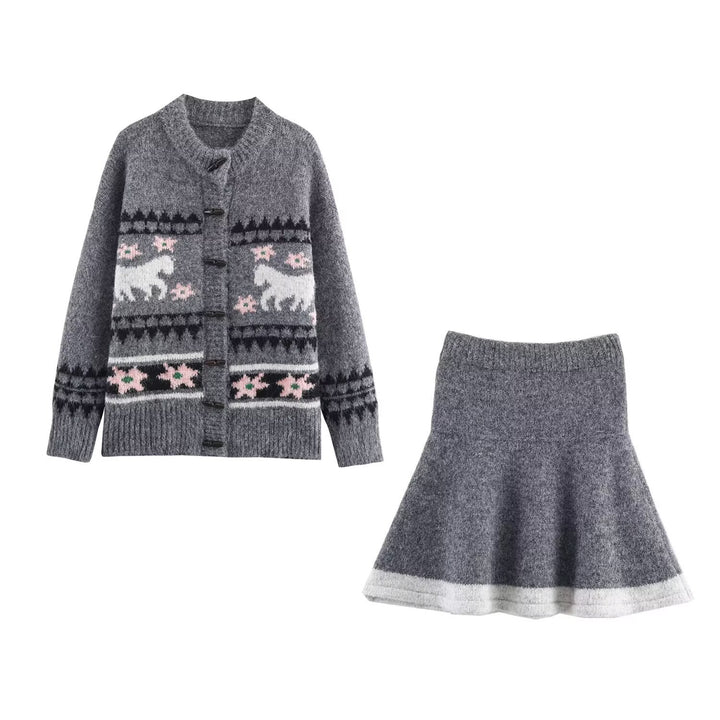 Women's Two-Piece Knit Set with Norwegian Pattern Cardigan and Flared Skirt Amarae