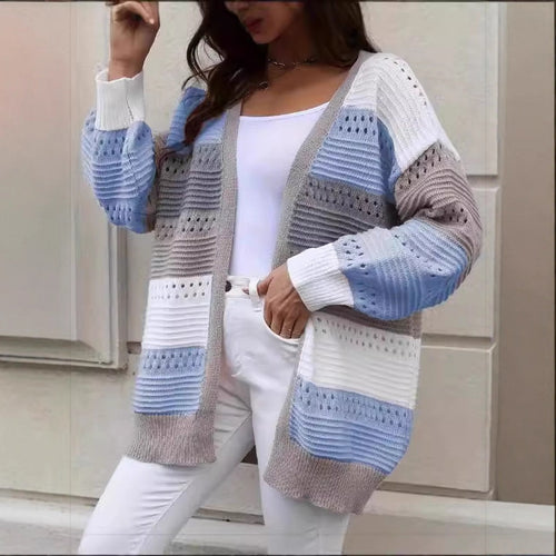 Cardigan en tricot large pour femmes avec un motif en dentelle unique et un design en blocs de couleur Chic & Stil