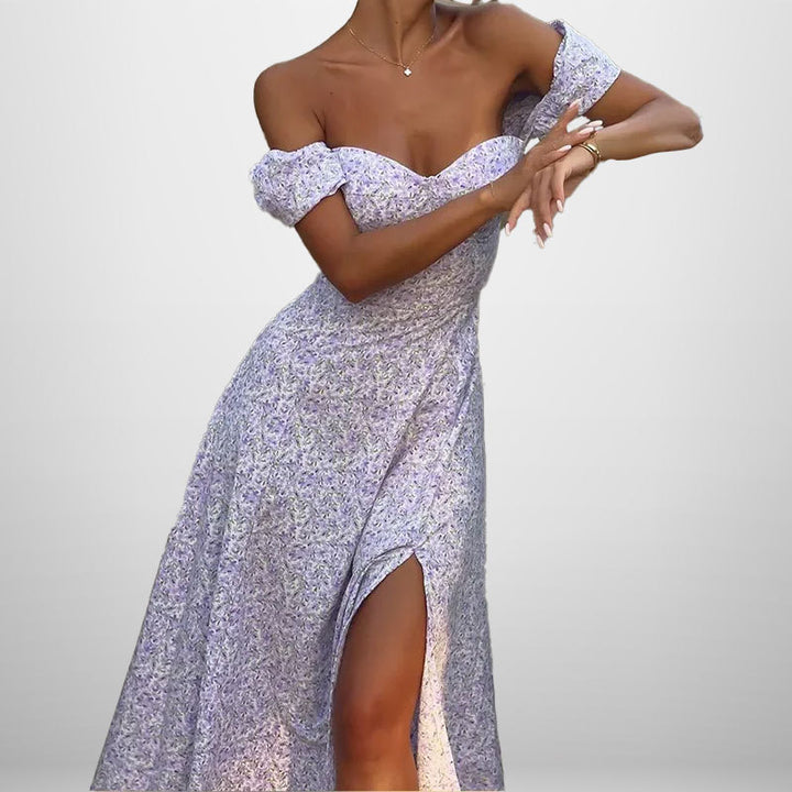 Robe maxi femme à épaules dénudées avec imprimé floral romantique et fente sur le côté Chic & Stil