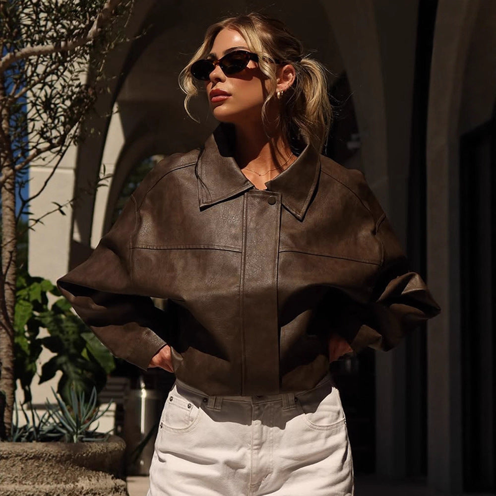 Women Boxy Cropped Faux Leather Blouson with Oversized Shoulder Amarae