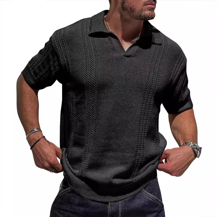 Knitted short sleeve pullover for men with textured surface and polo collar Lune London