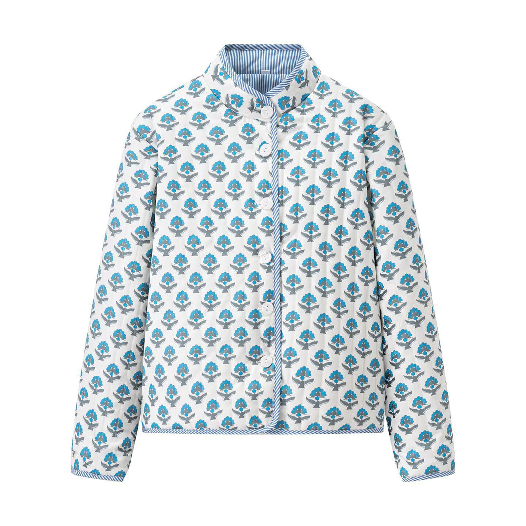 Quilted bomber jacket for women with floral design and modern high collar Lune London