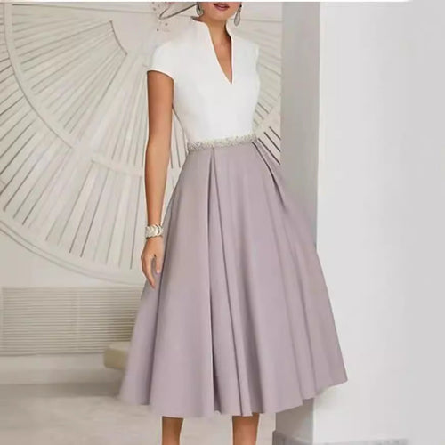 Amarae | White Color Block V Neck Flared Summer Dress