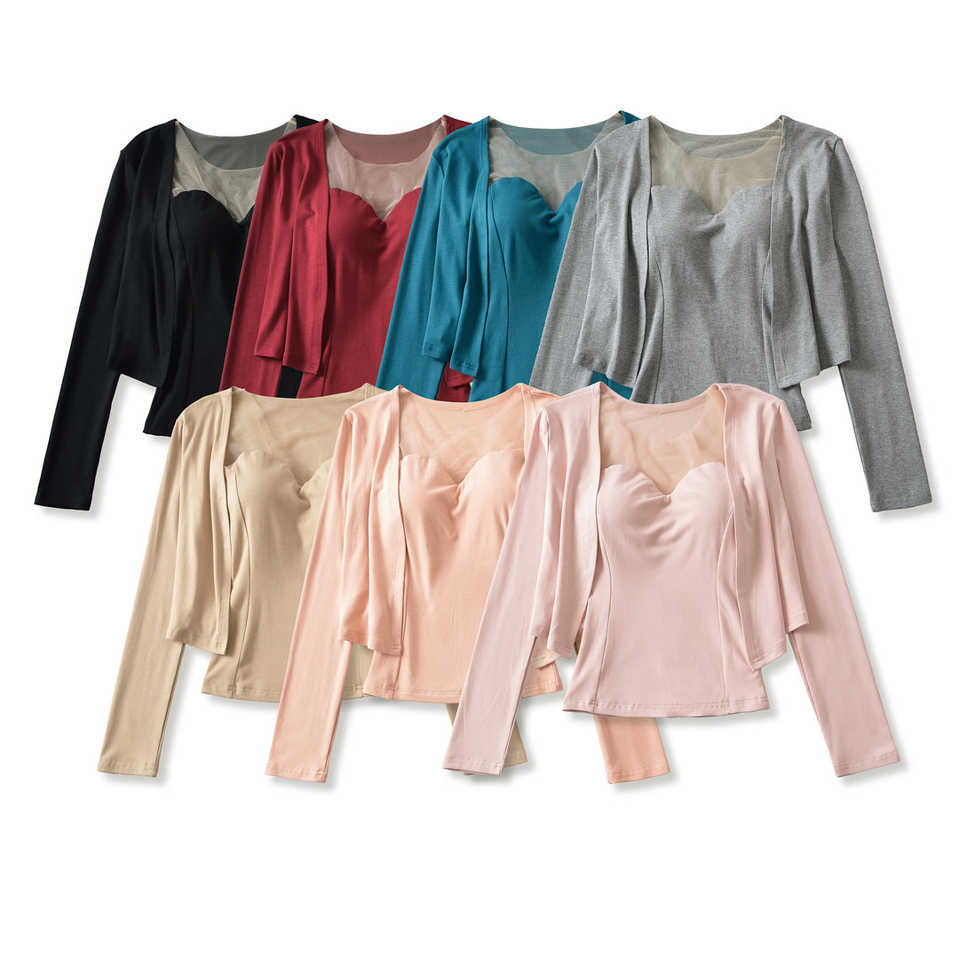 Ladies Two-Piece Fine Knit Top Set with Mesh Insert and Open Cardigan Amarae