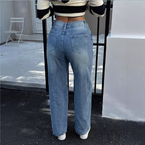Women high-waisted Relaxed-Straight denim jeans with wide leg and subtle destroy details Amarae