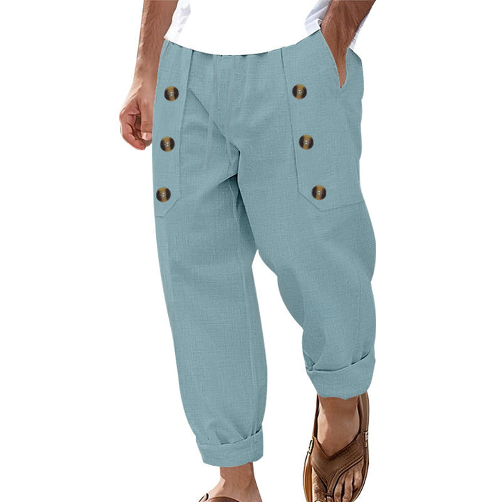 Casual linen cargo pants for men with practical buttons and side pockets Lune London