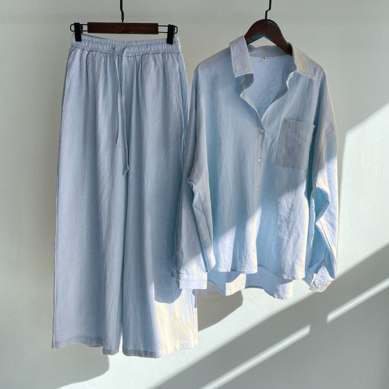 Women's Loose-Fitting Two-Piece Viscose Loungewear Set with Shirt Blouse and Wide Palazzo Pants Amarae