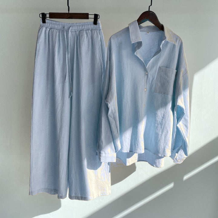 Women's Loose-Fitting Two-Piece Viscose Loungewear Set with Shirt Blouse and Wide Palazzo Pants Amarae