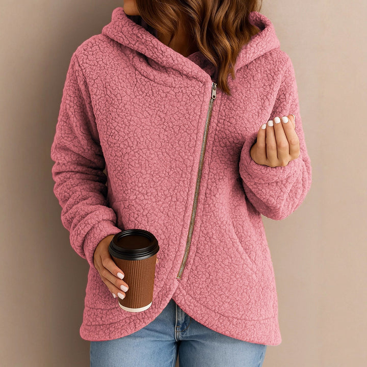Ladies plush hooded jacket with asymmetrical zipper Lune London
