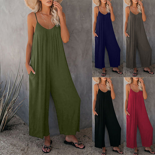 Casual summer jumpsuit for women with plunging neckline and practical pockets Amarae