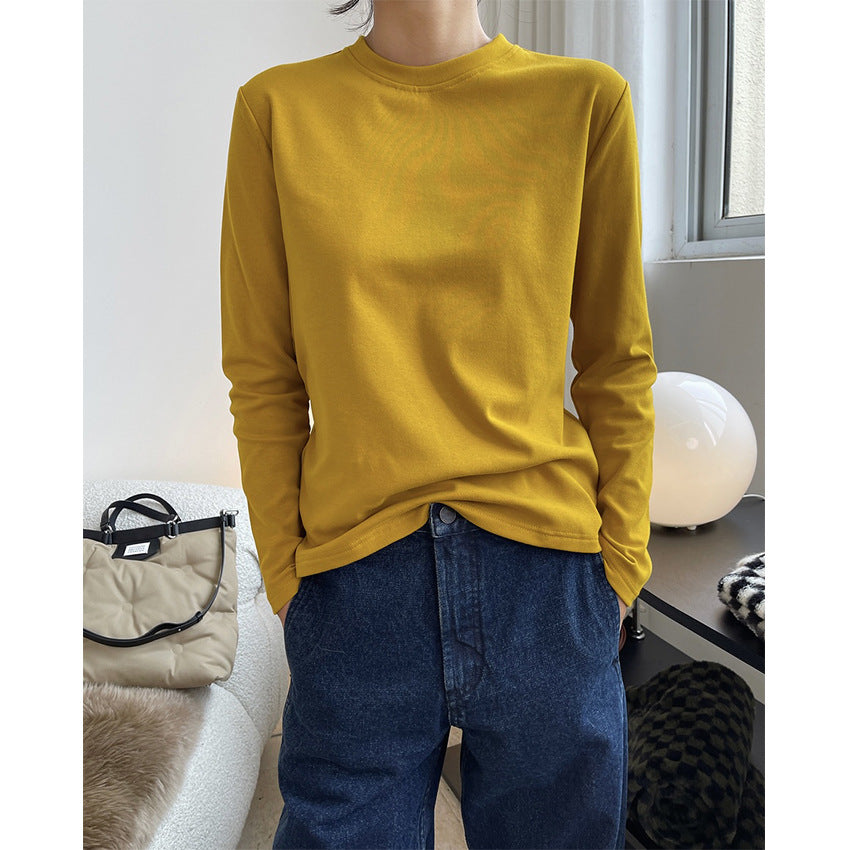 Women finely crafted long sleeve basic shirt made of cotton blend with round neckline Amarae