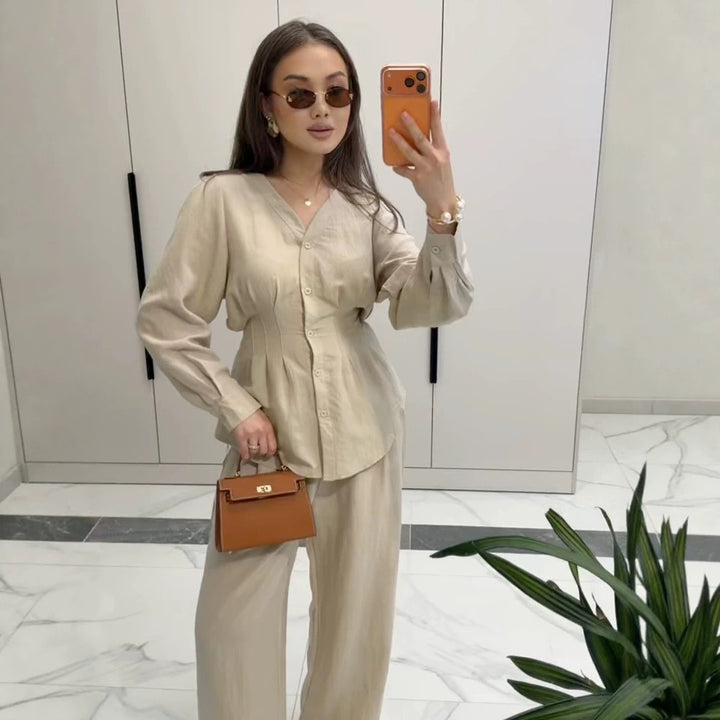 Women V-Neck Blouse and Culotte Set with Waist Pleats and Wide Legs Amarae