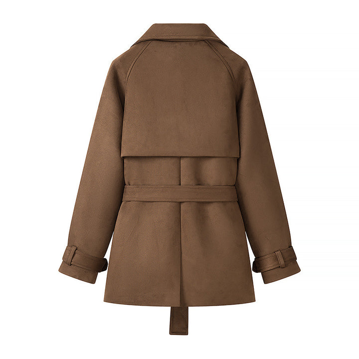 Women's short trench-style coat with double-breasted button placket, tie belt, and wide lapels Amarae