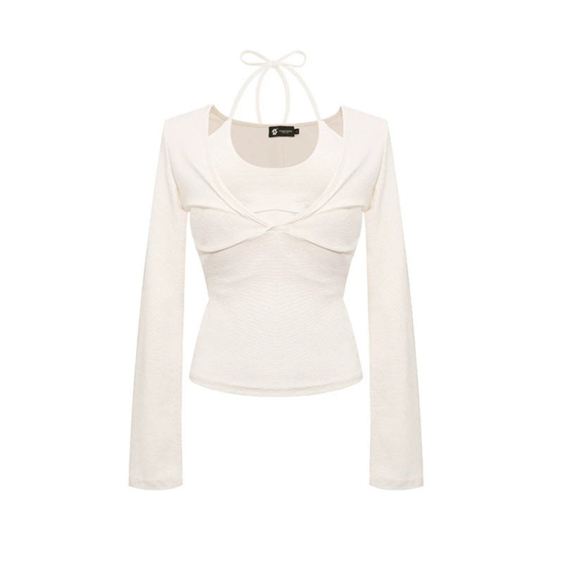 Women's long sleeve top with halter neck, wrap look and fitted cut Amarae