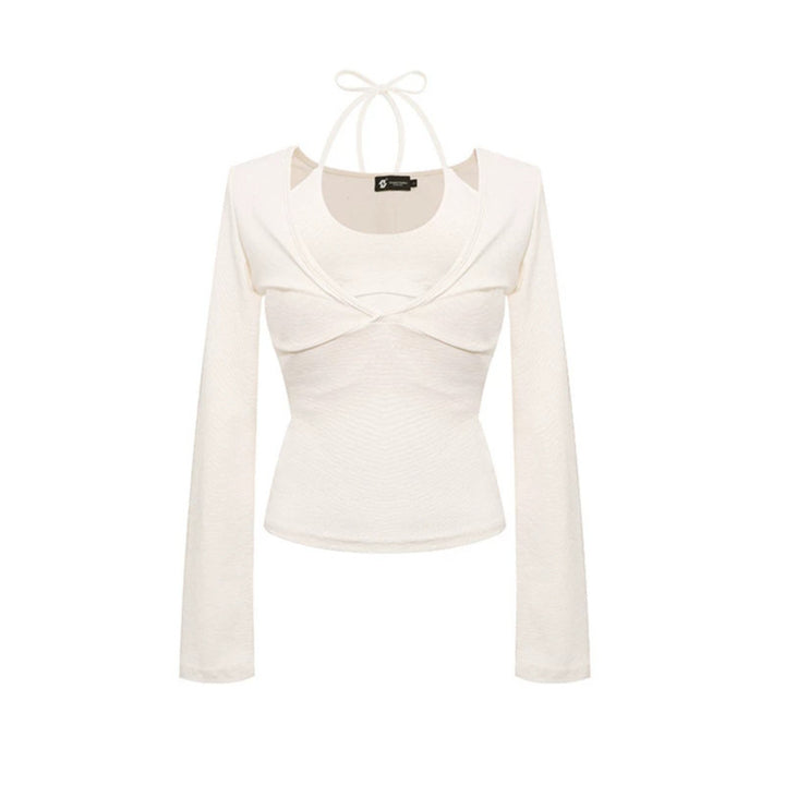 Women's long sleeve top with halter neck, wrap look and fitted cut Amarae