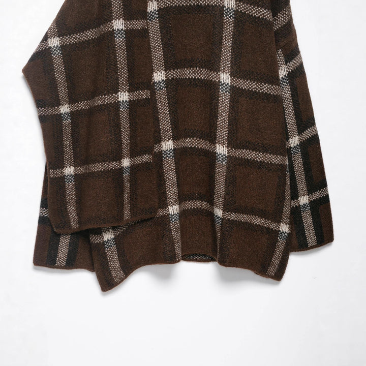 Women Oversized Cape Cardigan with Hood, Patch Pockets and Check Pattern Amarae