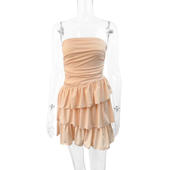 Women Strapless Ruffled Dress with Voluminous Skirt Lune London