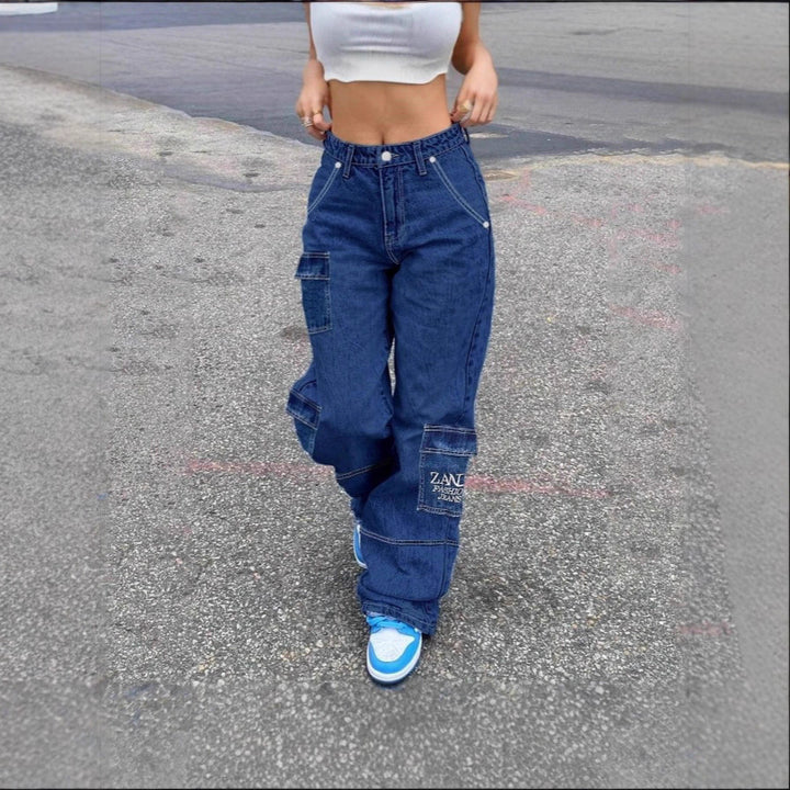Women's high-waisted wide cargo denim pants with elastic waistband and multiple pockets Amarae