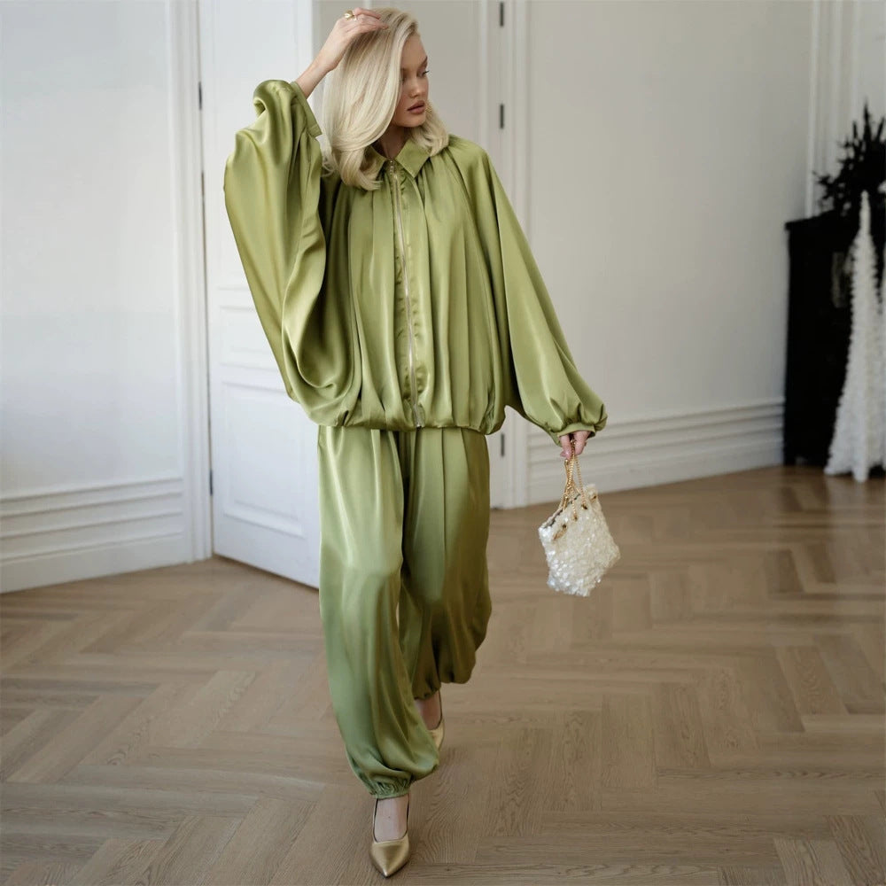 Women Elegant Satin Two-Piece Set with Oversize Blouse and Wide Palazzo Pants Amarae