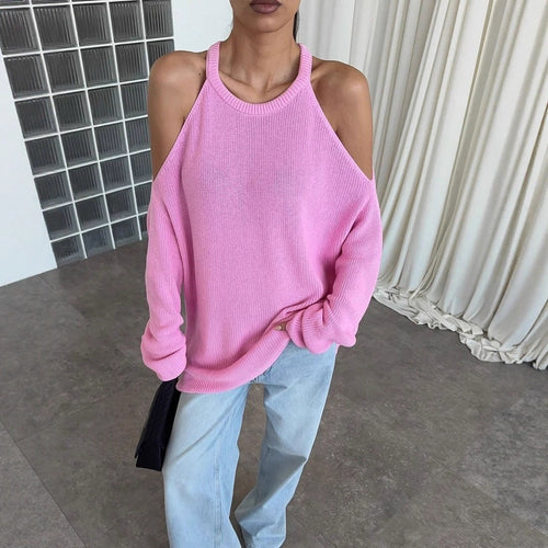 Casual knitted pullover for women with an open shoulder design and soft ribbed pattern Amarae