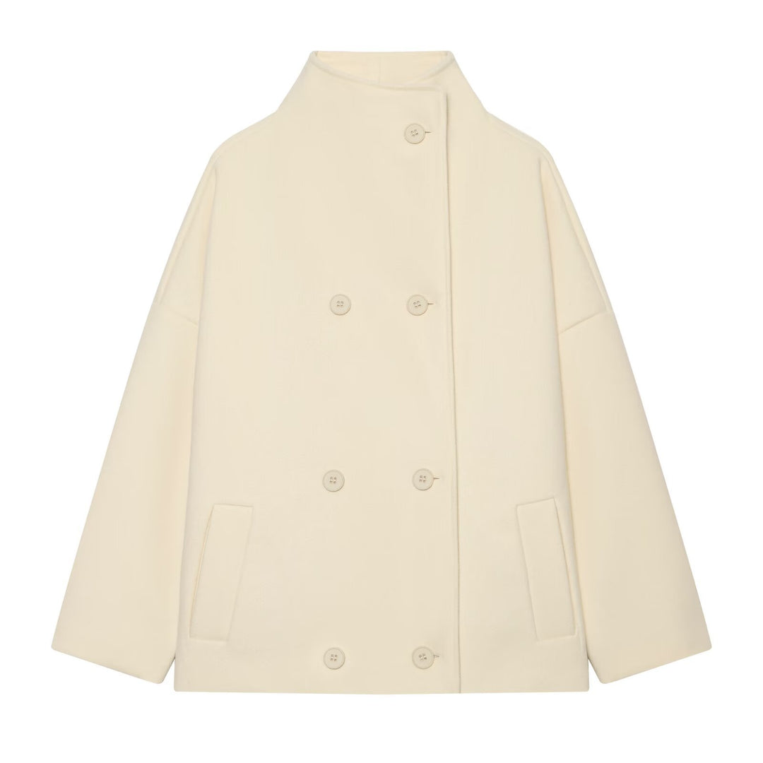 Women's Short Cape Coat made of Wool Blend with High Standing Collar and Double-Breasted Button Placket Amarae