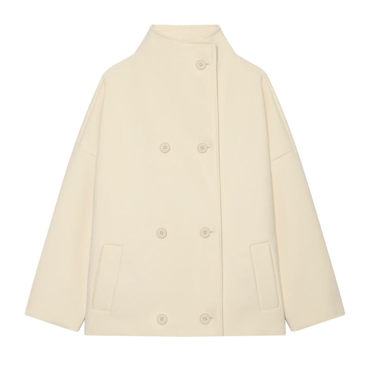 Women's Short Cape Coat made of Wool Blend with High Standing Collar and Double-Breasted Button Placket Amarae