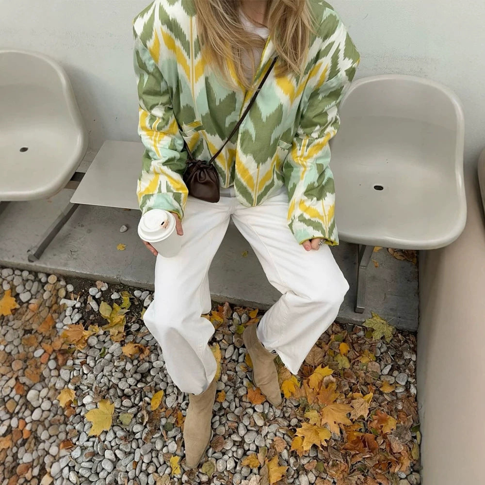 Women’s short jacket with Ikat pattern, boxy silhouette, and light cotton blend Amarae