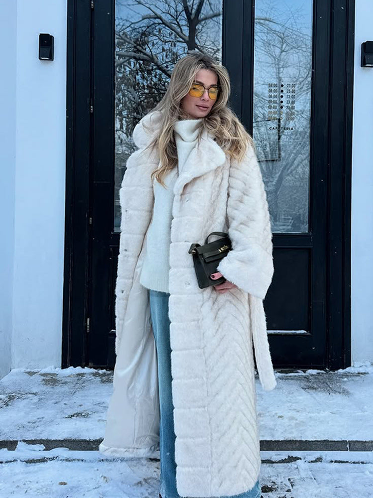 Women's Maxi Faux Fur Coat with Hood and Chevron Quilting Amarae