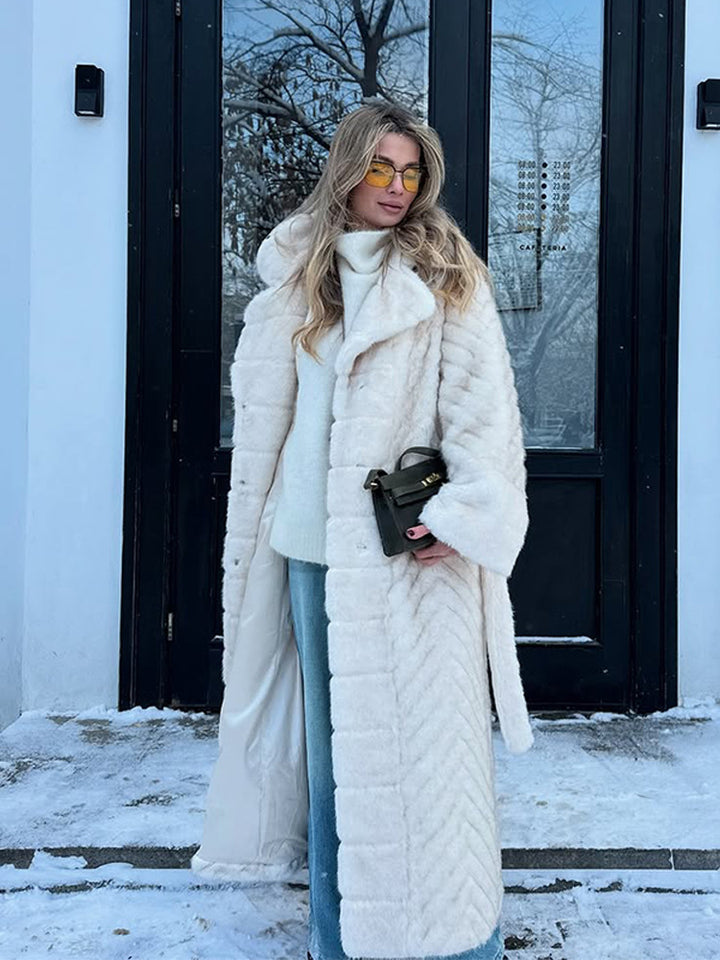 Women's Maxi Faux Fur Coat with Hood and Chevron Quilting Amarae