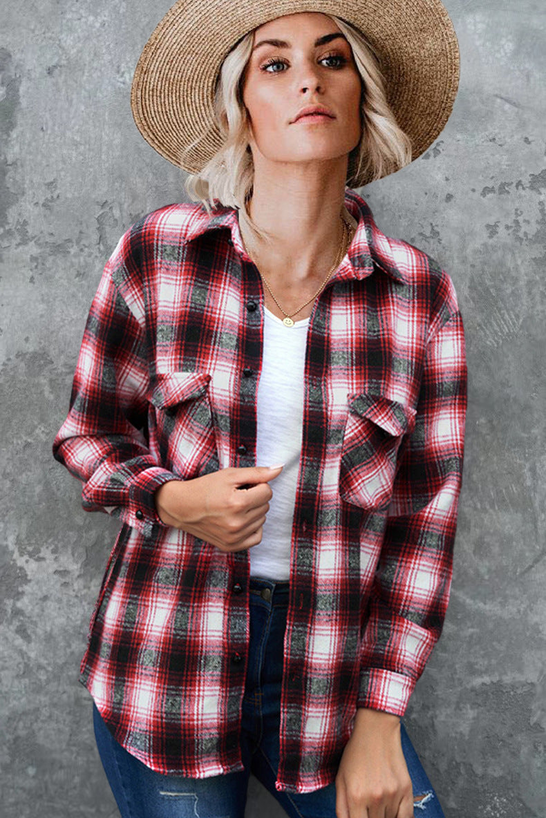Vintage style women's flannel shirt with check pattern and chest pockets Lune London