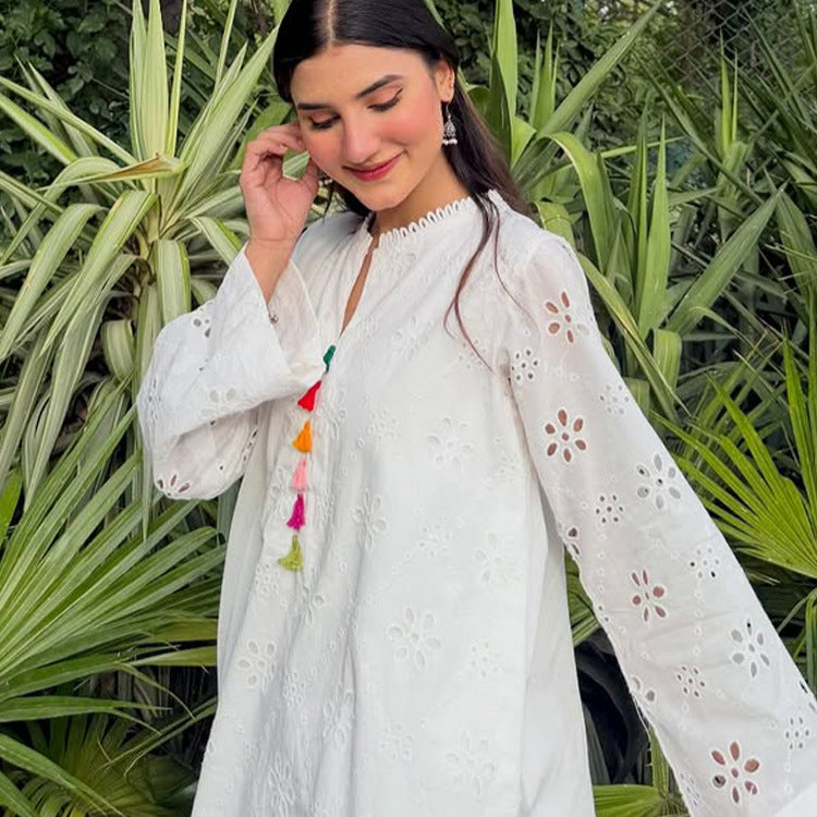 Women Loose Tunic Set with Broderie Anglaise and Wide Harem Pants Amarae