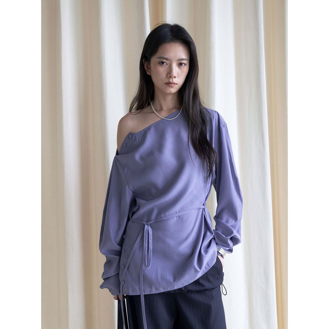 Women Asymmetric One-Shoulder Wrap Blouse made of Satin Amarae