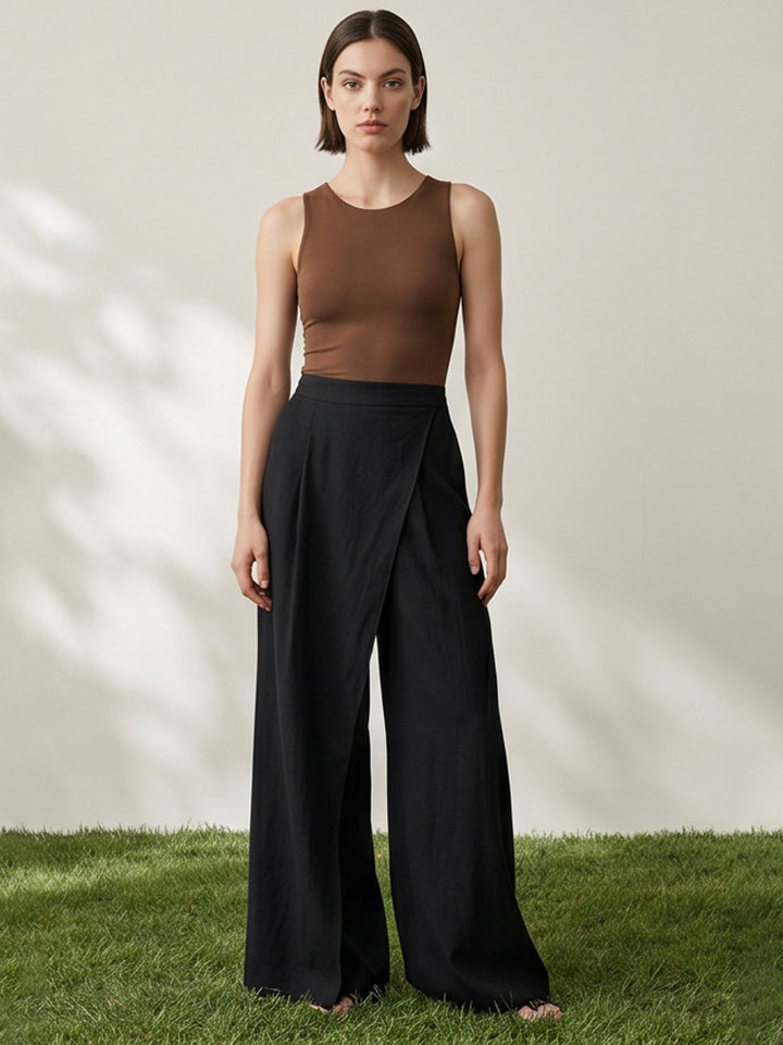 Women's High-Waist Wrap Palazzo Pants with Wide Leg and Flowing Linen Look Amarae