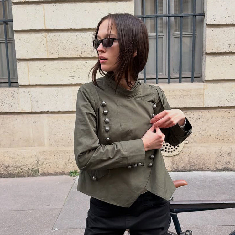 Women's Military-Inspired Short Jacket with Stand-Up Collar and Decorative Button Placket Amarae