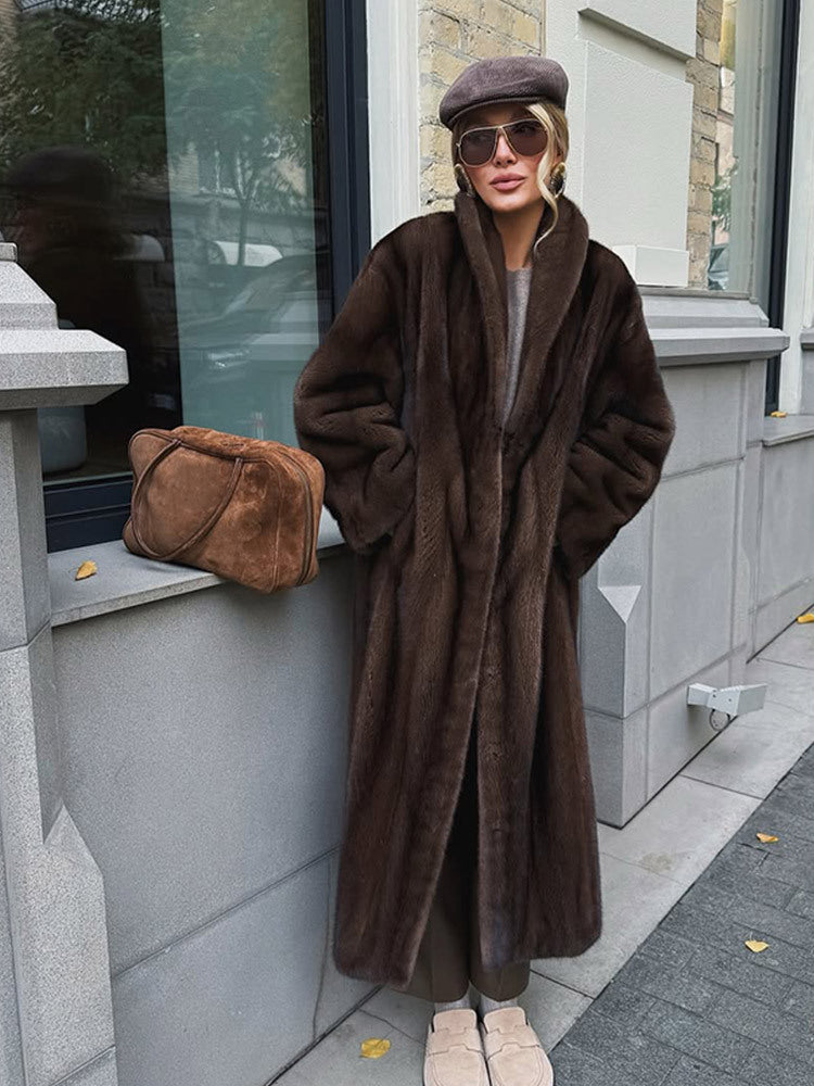 Women Long Faux Fur Coat with Stand-Up Collar and Oversized Fit Amarae
