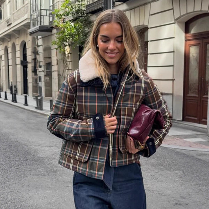 Women's Short Blouson in Check Pattern with Padded Lining and Teddy Collar Amarae