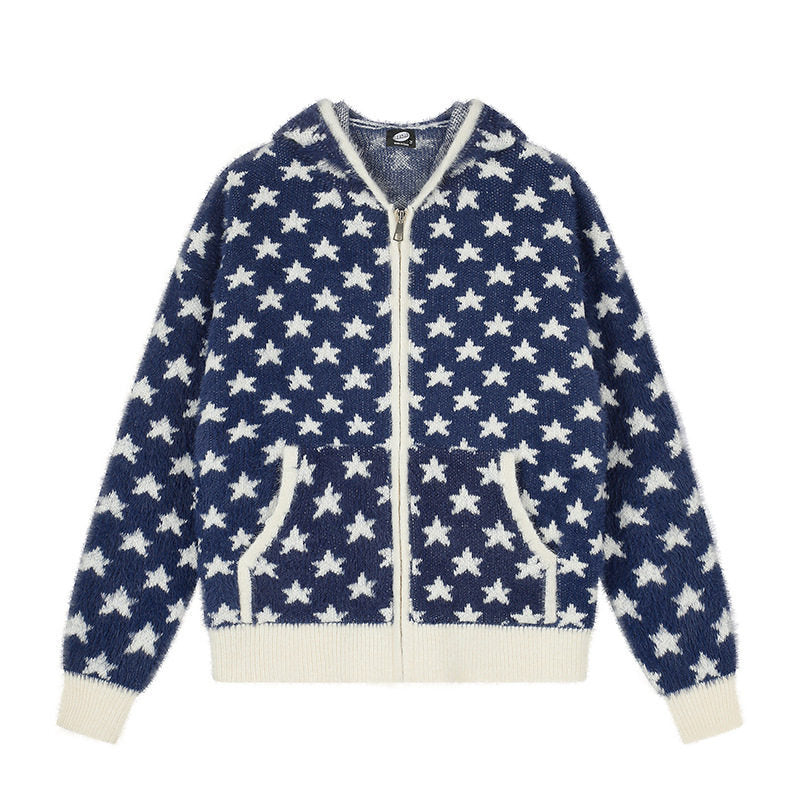 Women Fluffy Knit Zip Jacket with Allover Star Pattern, Kangaroo Pockets and Ribbed Cuffs Amarae