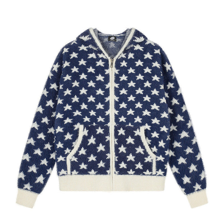 Women Fluffy Knit Zip Jacket with Allover Star Pattern, Kangaroo Pockets and Ribbed Cuffs Amarae