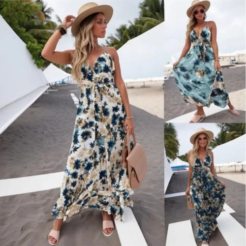 Women's maxi dress with floral wrap design and adjustable waistband